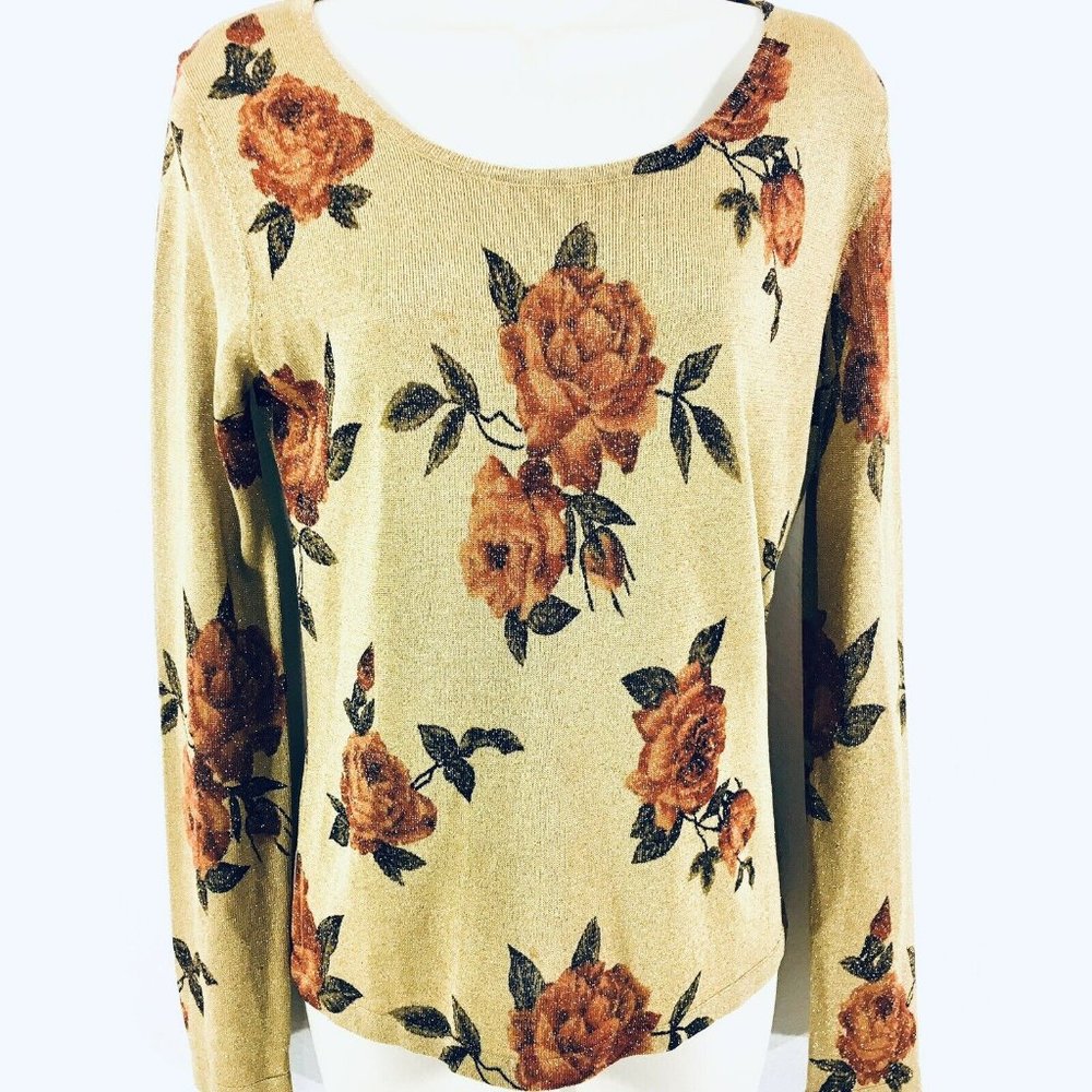 Kate Hill Metallic Pullover Top Sz S Long Sleeve Floral Shimmer Gold